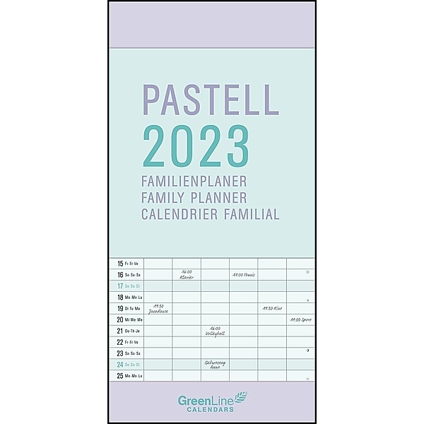 GreenLine Pastell 2023 - Wandkalender - Familien-Kalender - Familienplaner - 22x45
