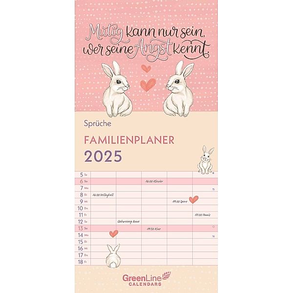 GreenLine - Sprüche 2025 Familienplaner, 22x45cm, Familienkalender mit effizienter Monatsaufteilung in 5 Spalten, für Familienorganisation, Schulferien und Stundenpläne, mit Spiralbindung