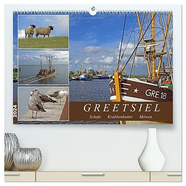 GREETSIEL - Schafe - Krabbenkutter - Möwen (hochwertiger Premium Wandkalender 2024 DIN A2 quer), Kunstdruck in Hochglanz, Gisela Braunleder