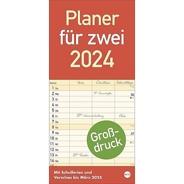 Großdruck Planer für zwei 2024. Praktischer Wandplaner für 2 mit extra großer Schrift und 3 Spalten. Wandkalender mit Schulferien und 3-Monats-Ausblick. Terminkalender 2024