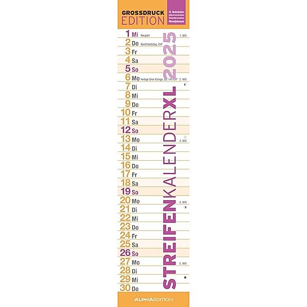 GROSSDRUCK Streifenplaner XL 2025 - Streifenkalender - Wandplaner - Küchen-Kalender - 15x64