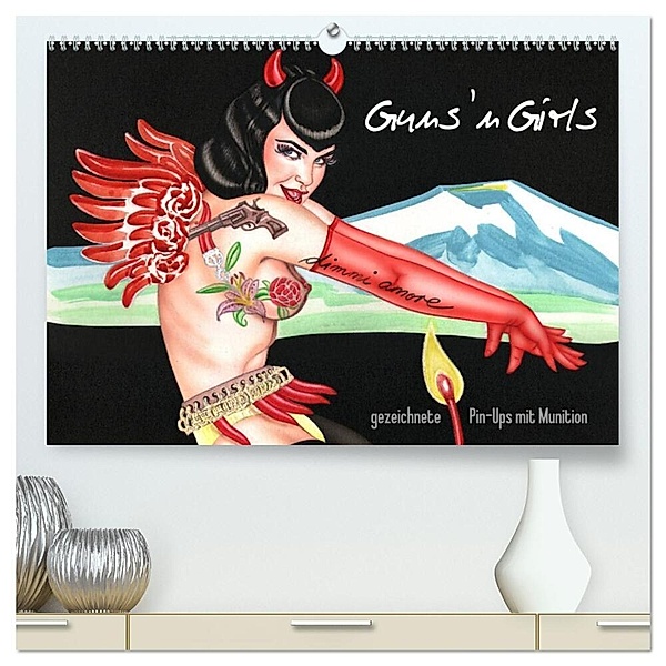 Guns `n Girls - gezeichnete Pin-Ups mit Munition (hochwertiger Premium Wandkalender 2024 DIN A2 quer), Kunstdruck in Hochglanz, Sara Horwath