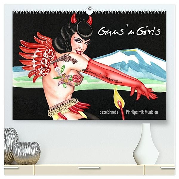 Guns `n Girls - gezeichnete Pin-Ups mit Munition (hochwertiger Premium Wandkalender 2024 DIN A2 quer), Kunstdruck in Hochglanz, Sara Horwath