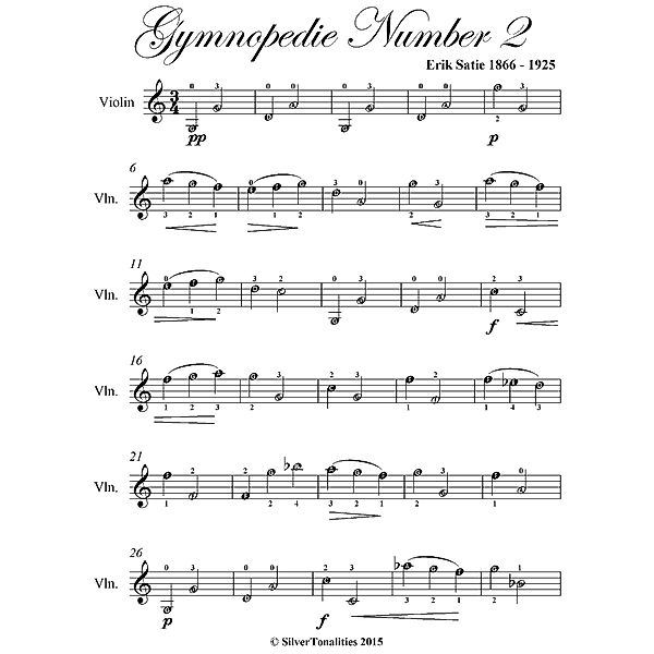 Gymnopedie Number 2 Easy Violin Sheet Music, Erik Satie