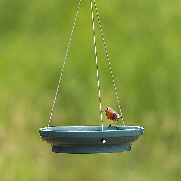 Hängende Vogel- und Insektentränke, blau glasierte Keramik, ca. 26 cm