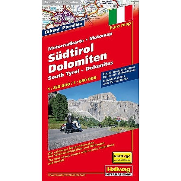 Hallwag Motorradkarte / Südtirol-Dolomiten MotoMap Motorradkarte 1:250 000 / 1:650 000. South Tyrol, Dolomites