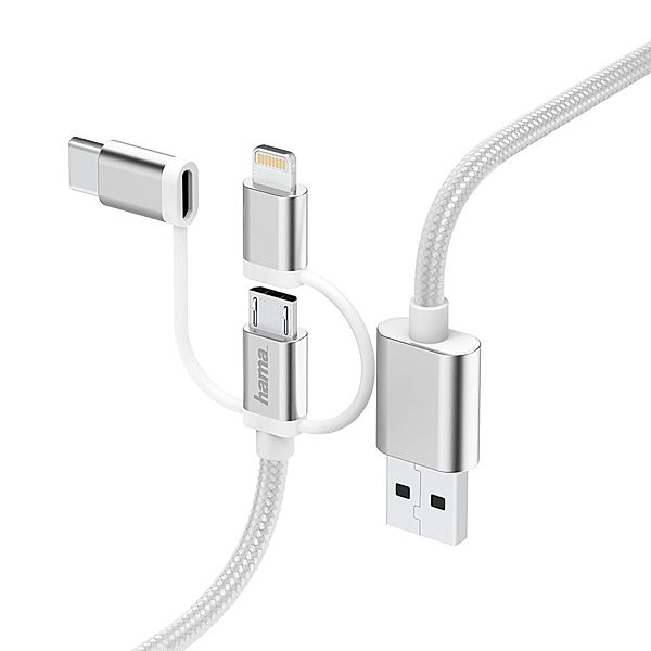 Hama 3in1-Micro-USB-Kabel mit Adapter auf USB-Type-C u. Lightning, 0,2m, Weiß