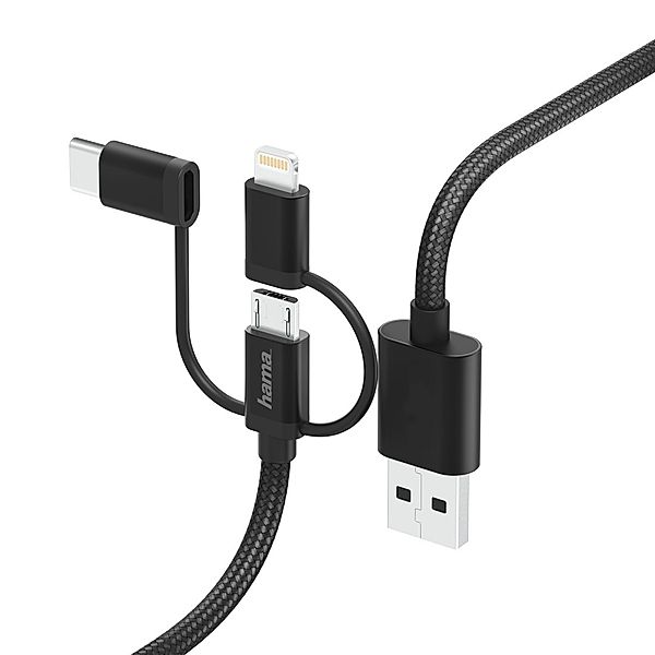 Hama 3in1-Micro-USB-Kabel mit Adapter auf USB-Type-C u. Lightning, 0,2m, Schwarz