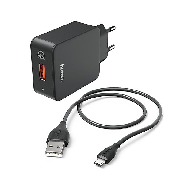 Hama Ladeset, Micro USB, 3 A, Ladegerät QC 3.0 + Micro-USB-Kabel, 1,5 m, Schwarz