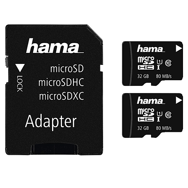 Hama microSDHC 32GB Class 10 UHS-I 80 MB/s + Adapter/Foto, 2-er Pack