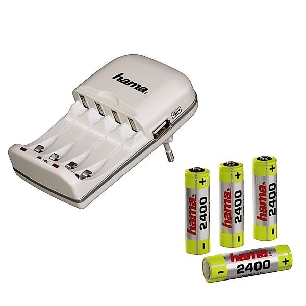 Hama Set Ladegerät Combo 2/4 und 4 AA (Mignon-HR6) 2400 mAh Akkus, Weiß