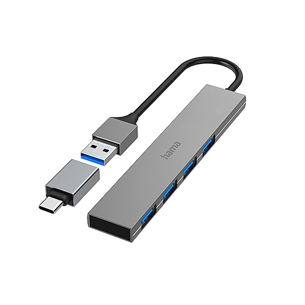 Hama USB-Hub, 4 Ports, USB 3.2 Gen1, 5 Gbit/s, Ultra Slim, inkl. USB-C-Adapter