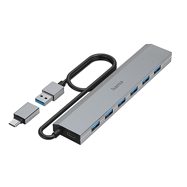 Hama USB-Hub, 7 Ports, USB 3.2 Gen1, 5 Gbit/s, inkl. USB-C-Adapter und Netzteil