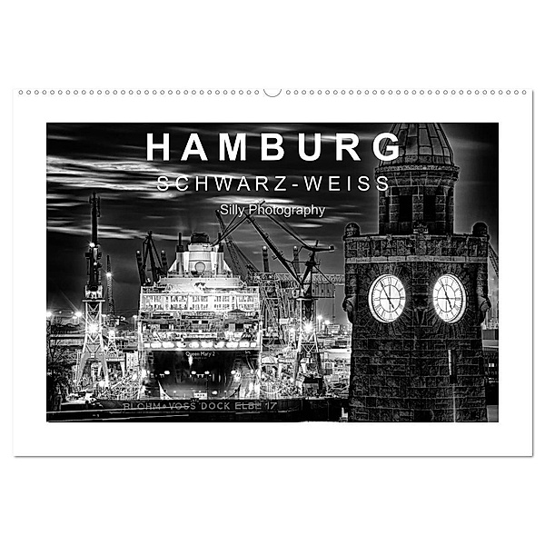 Hamburg in schwarz-weiss (Wandkalender 2024 DIN A2 quer), CALVENDO Monatskalender, Silly Photography