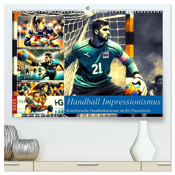 Handball Impressionismus, Künstlerische Handballaktionen im KI-Pinselstrich (hochwertiger Premium Wandkalender 2025 DIN A2 quer), Kunstdruck in Hochglanz, Calvendo, Marco Warstat