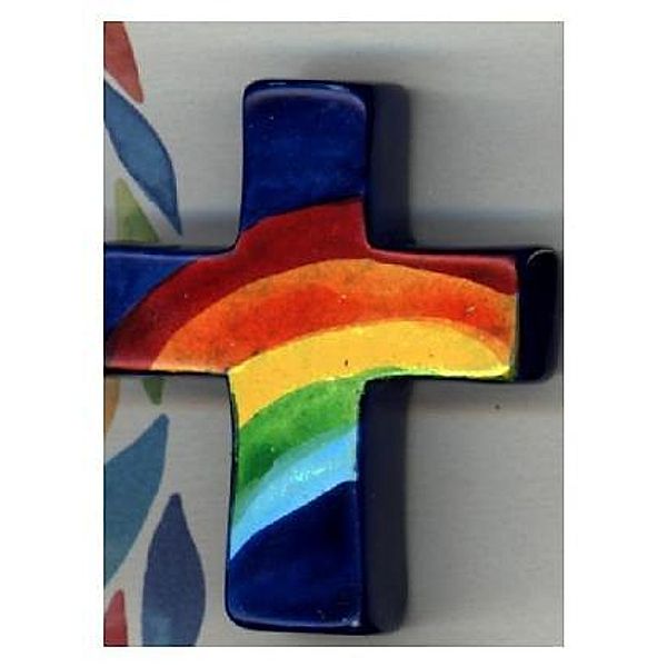 Handkreuz blau mit Regenbogen