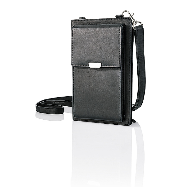 Handy-Umhängetasche mit Kartenfächern, Leder (Farbe: schwarz)