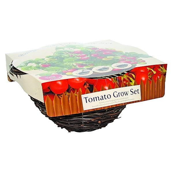 Hanging basket aus Rattan mit  Tomaten-Samen  und Gärtner-Erde in passender Menge