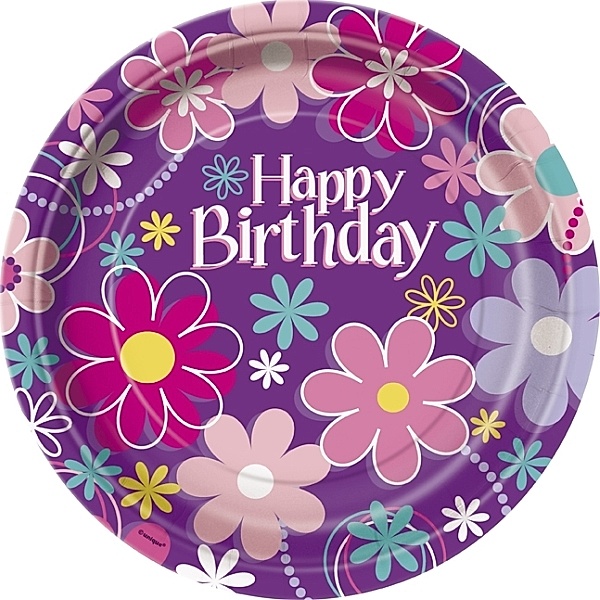 Happy Birthday Blossom Pappteller 23 cm 8 Stück