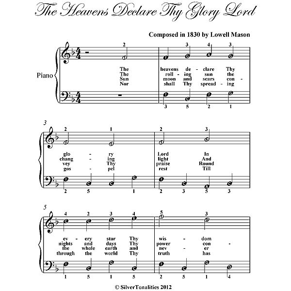 Heavens Declare Thy Glory Lord Easy Piano Sheet Music, Lowell Mason