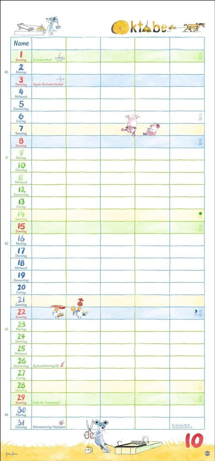 Helme Heine Familienplaner 2023. Familienkalender mit 5 Spalten. Liebevoll  illustrierter Familien-Wandkalender mit Schul - Kalender bestellen