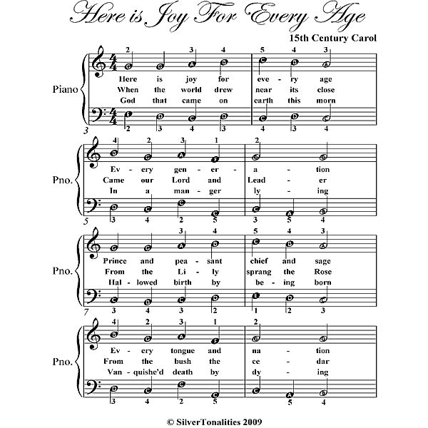 Here Is Joy for Every Age Easy Piano Sheet Music, 15th Century Carol