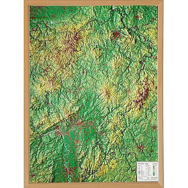Hessen, Reliefkarte Gross 1:350.000 mit Naturholzrahmen, André Markgraf, Mario Engelhardt