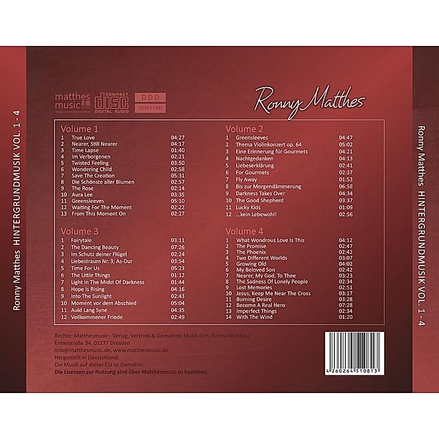 Hintergrundmusik - Gemafreie Musik zur Beschallung von Hotels &  Restaurants, 4 Alben - Vol. 1 - 4 von Ronny Matthes | Weltbild.de