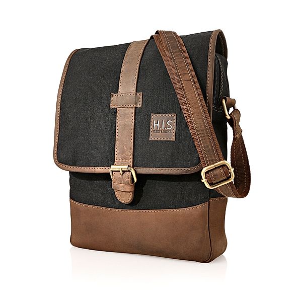 HIS Herren Shoulderbag Dakota mit Echtlederbesatz , Canvas, schwarz