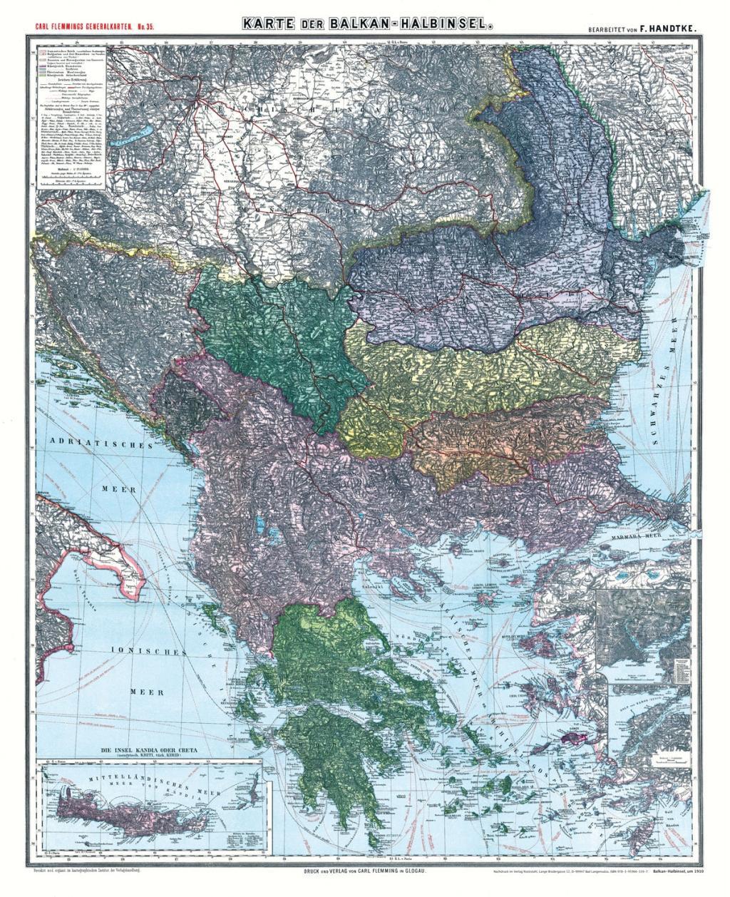 Alte Landkarte 1908 Balkan-Halbinsel Griechenland Bulgarien Serbien ... Mkl7 