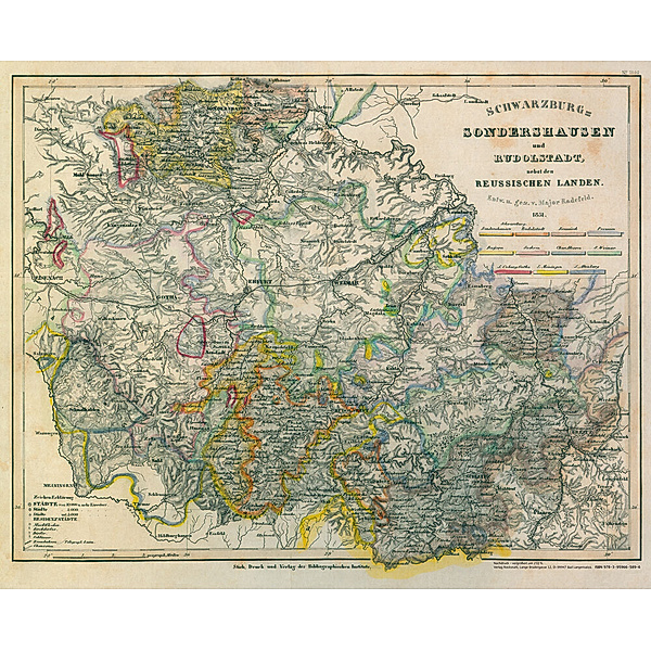 Historische Karte: Fürstentum Schwarzburg-Sondershausen und Fürstentum Schwarzburg-Rudolstadt nebst den Reussischen Landen 1851 [gerollt], Radefeld Major