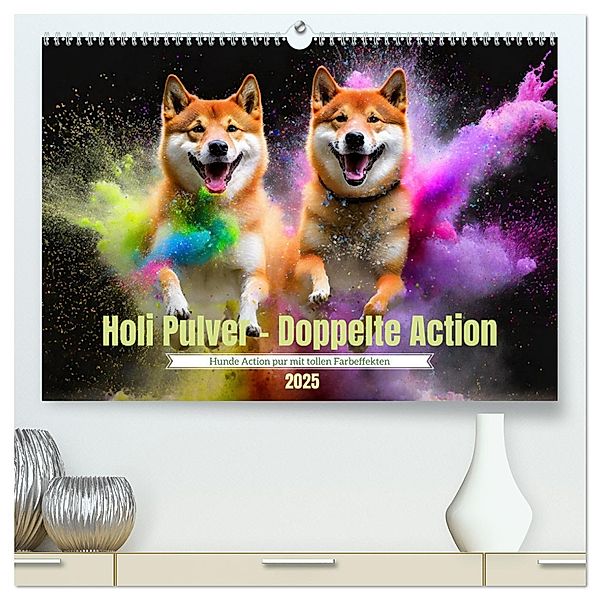 Holi Pulver - Doppelte Action (hochwertiger Premium Wandkalender 2025 DIN A2 quer), Kunstdruck in Hochglanz, Calvendo, Fotodesign Verena Scholze