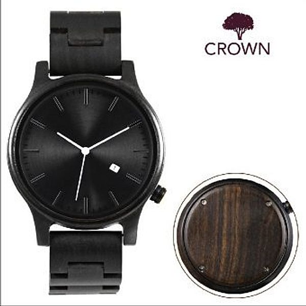 Holz-Armbanduhr CROWN, mit dunklem Ziffernblatt und dunkel gebeizten Holzgliedern