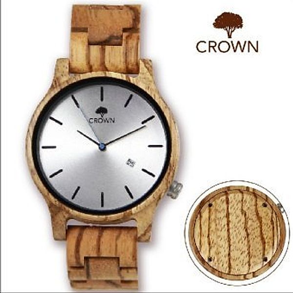 Holz-Armbanduhr CROWN, mit hellem Ziffernblatt und hellen Natur-Holzgliedern