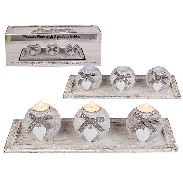 Holz-Tablett, weiß und naturfarben, mit 3 Kugel-Teelichthaltern