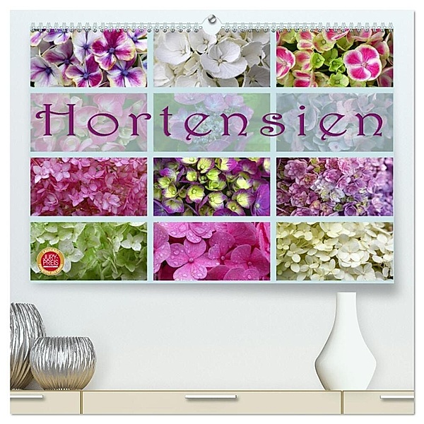 Hortensien / Geburtstagskalender (hochwertiger Premium Wandkalender 2024 DIN A2 quer), Kunstdruck in Hochglanz, Martina Cross