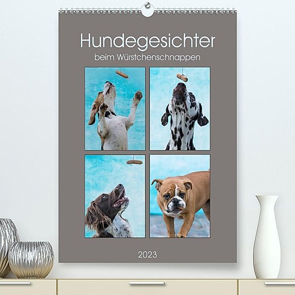 Hundegesichter beim Würstchenschnappen (Premium, hochwertiger DIN A2 Wandkalender 2023, Kunstdruck in Hochglanz), Sonja Teßen