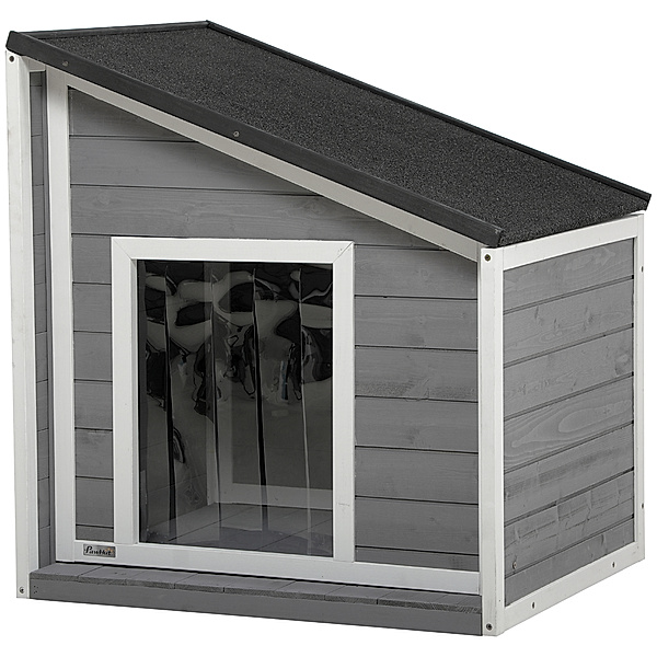 Hundehütte mit zu öffnendem Schrägasphaltdach grau, weiß (Farbe: schwarz, grau, weiß)