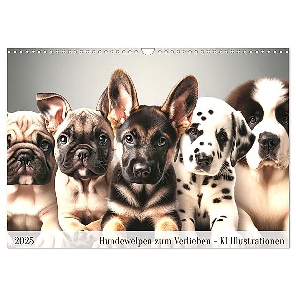 Hundewelpen zum Verlieben - KI Illustrationen (Wandkalender 2025 DIN A3 quer), CALVENDO Monatskalender, Calvendo, Marco Warstat