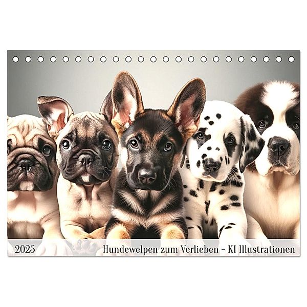Hundewelpen zum Verlieben - KI Illustrationen (Tischkalender 2025 DIN A5 quer), CALVENDO Monatskalender, Calvendo, Marco Warstat