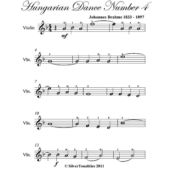 Hungarian Dance Number 4 Easy Violin Sheet Music, Johannes Brahms