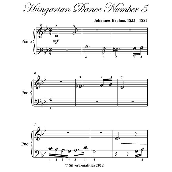 Hungarian Dance Number 5 Beginner Piano Sheet Music, Johannes Brahms