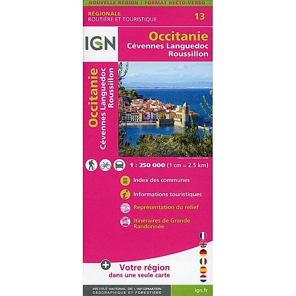 IGN Karte, Régionale Routière et Touristique Occitanie (Cévennes-Languedoc-Roussillon) Recto/verso