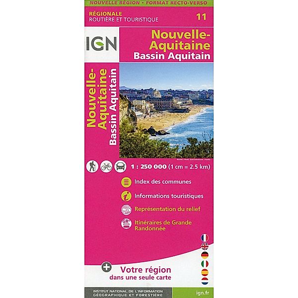 IGN Karte, Régionale Routière et Touristique Nouvelle Aquitaine (Bassin Aquitain) Recto/verso