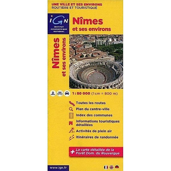 IGN Karte, Une ville et ses environs, routière et touristique Nîmes et ses environs