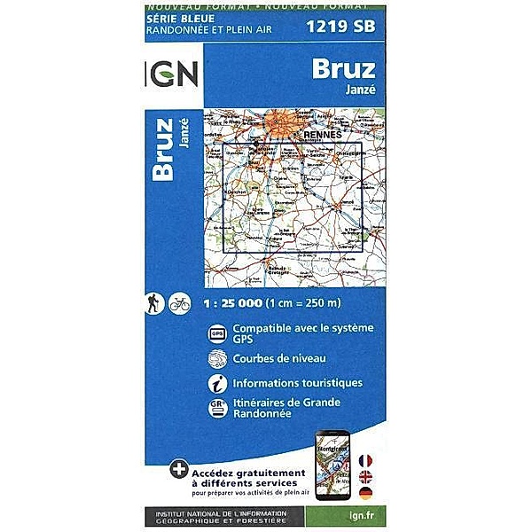 IGN topographische Karte 1:25T Série Bleue / 1219SB / IGN Karte, Serie Bleue Bruz Janzé