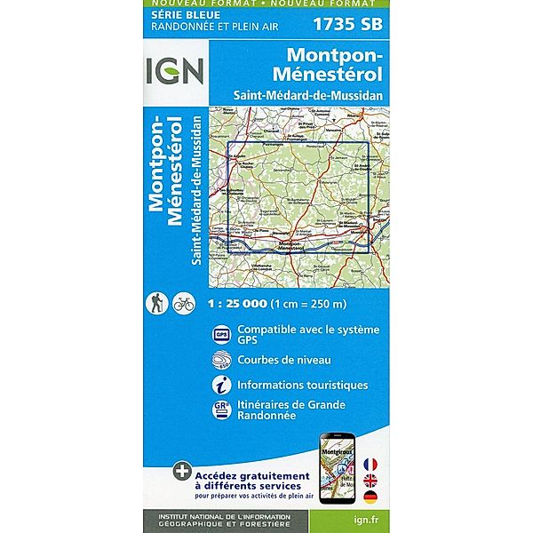IGN topographische Karte 1:25T Série Bleue / 1735SB / IGN Karte, Serie Bleue Montpon-Ménestérol.St-Médard-de-Mussidan