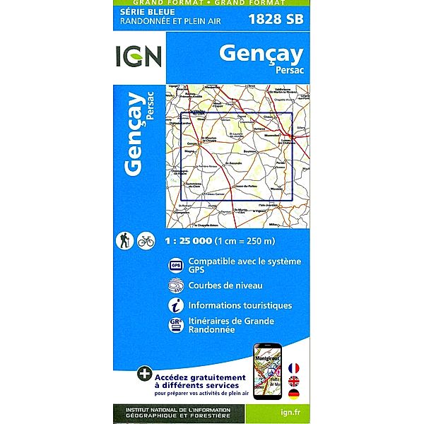IGN topographische Karte 1:25T Série Bleue / 1828SB / 1828SB Gençay Persac