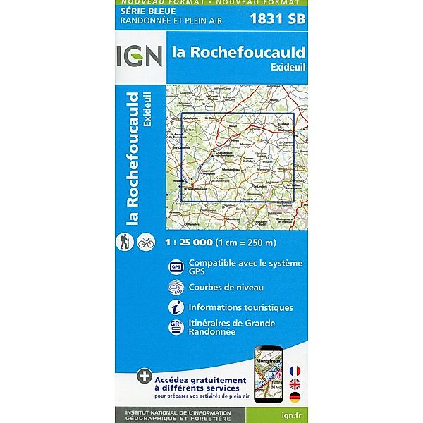 IGN topographische Karte 1:25T Série Bleue / 1831SB / La Rochefoucauld. Exideuil