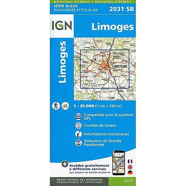 IGN topographische Karte 1:25T Série Bleue / 2031SB / IGN Karte, Serie Bleue Top 25 Limoges